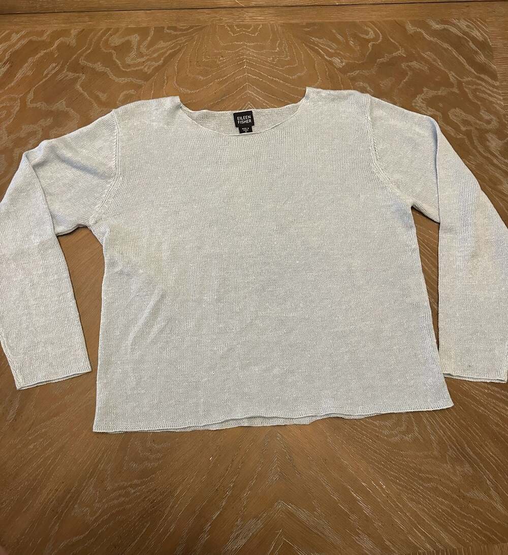 Eileen Fisher Light Blue 100% Linen Open Knit Long Sleeve Sweater Size S